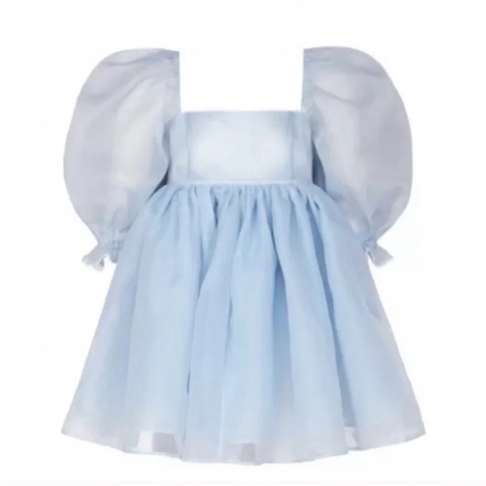 SELKIE The Puff Dress Sheer Blue Babydoll Pinstripe Dress Size Small - Picture 16 of 17